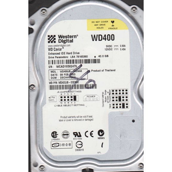 WD400JB-00ENA0, DCM DSCHHV2AH, Western Digital 40GB IDE 3.5 Hard Drive