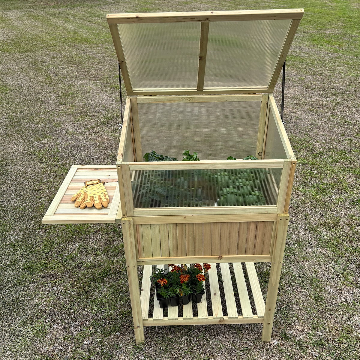 Wooden Raised Greenhouse with Potting Table
