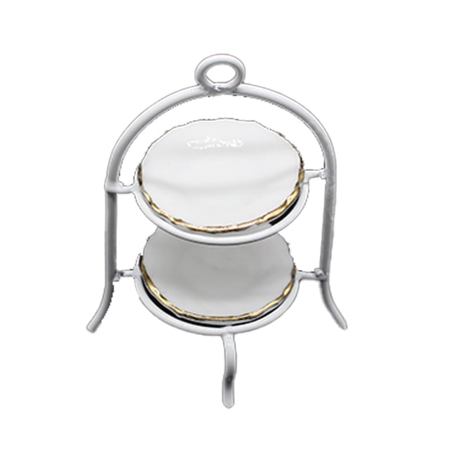 Mini-House Miniature Cake Rack with Two Dishes Dessert Tableware ceramic materials; Model Lifelike Frame Simulated Kitchen Furniture Table White