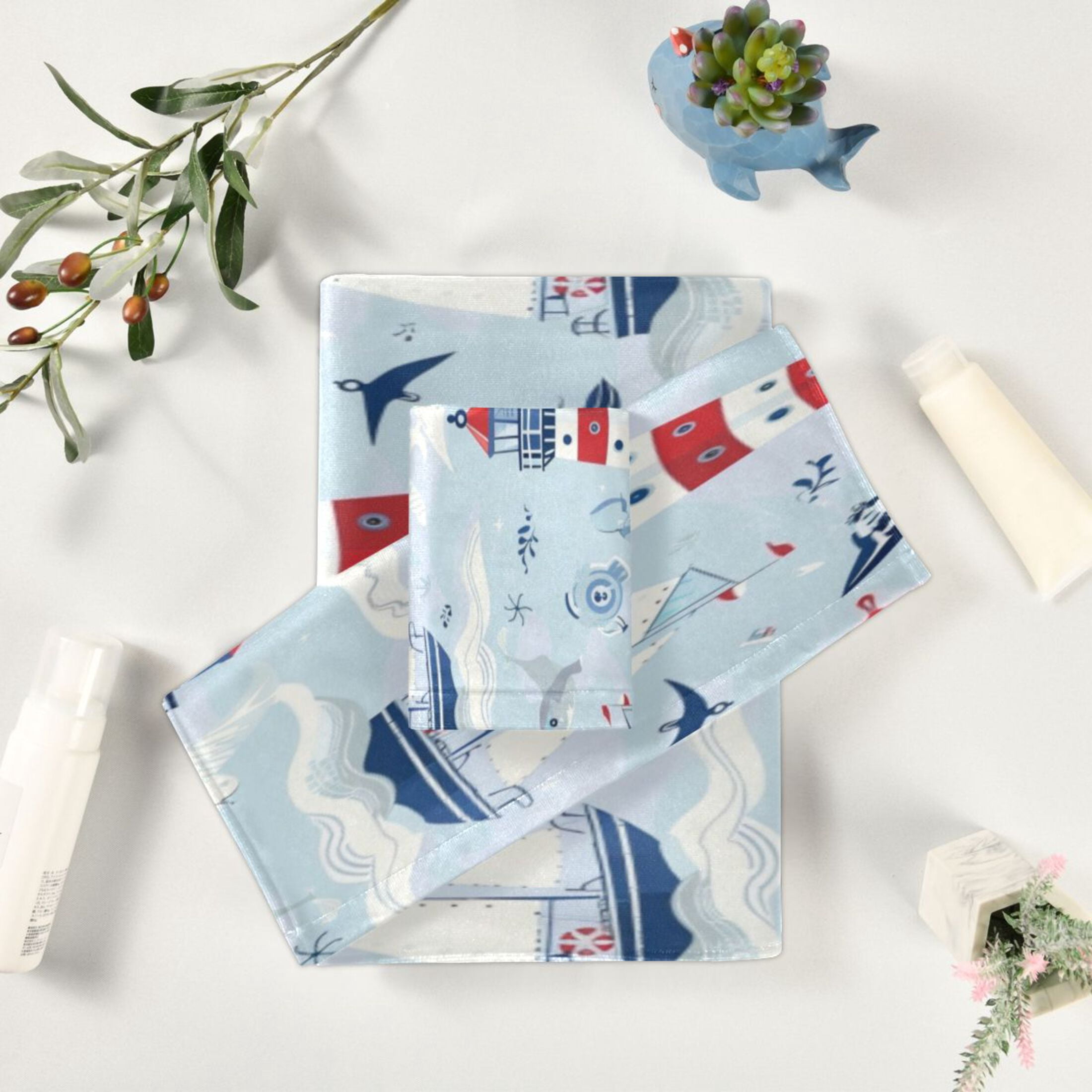 Three-Piece Towel Set Face Towel Towel Set Hand Towel Bath Towel Cotton Bath Towels Bath Towel Sets Hand Bath Towels Cartoon Red Lighthouse