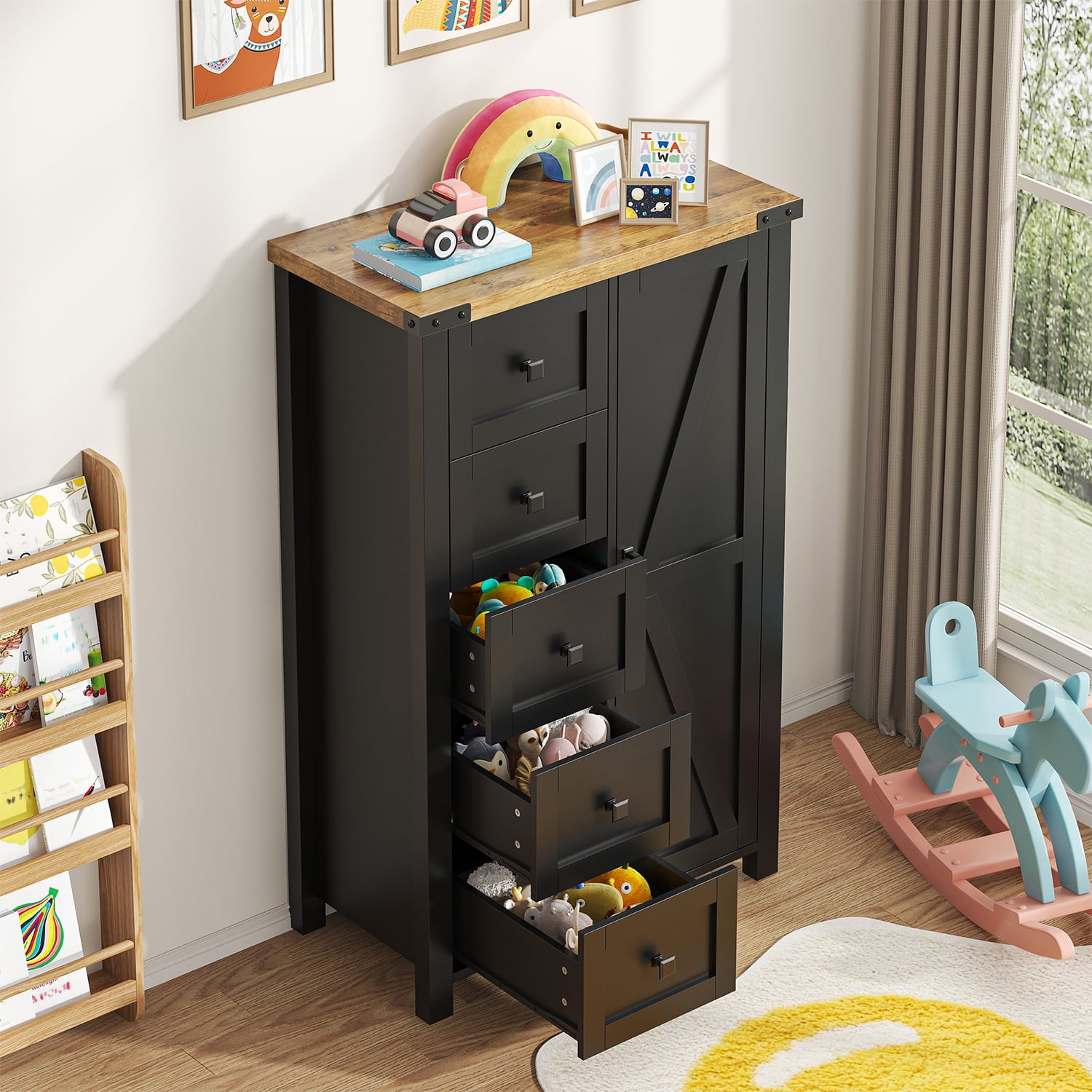 Winkalon 5 Drawers Dresser Chests for Home Bedroom, Farmhouse Wood Rustic Tall Chest of Drawers, Pull Storage Cabinet,Black