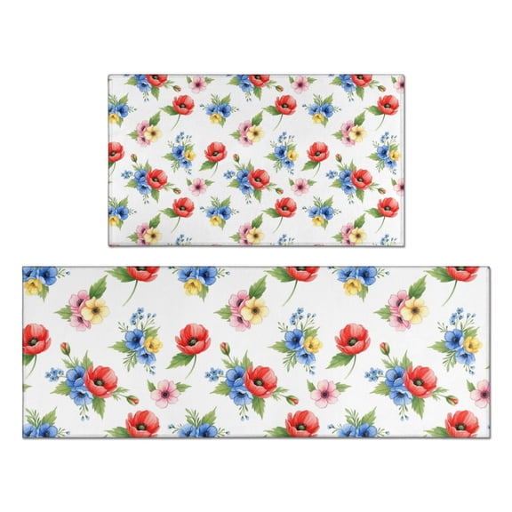 Pioneer Flower Floral Print Pattern Kitchen Rugs Sets Of 2, Anti Fatigue Non Slip Washable Floor Mats for Kitchen Sink Laundry, 17X30 Inch 17X47 Inch