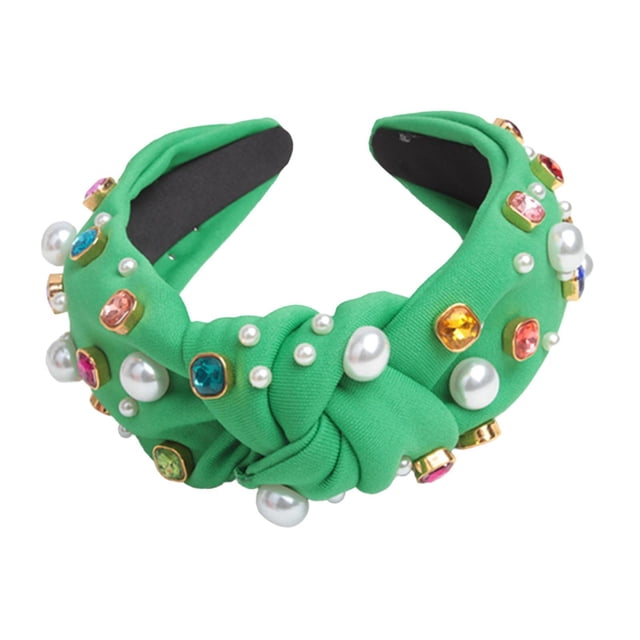 Diadema anudada de moda elegante con adornos de joyas para mujeres y niñas Verde claro