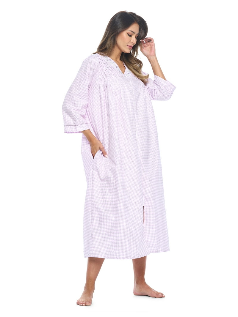 Casual Nights Women's Zip Front Woven House Dress | 3/4 Sleeves Housecoat Long Duster Lounger