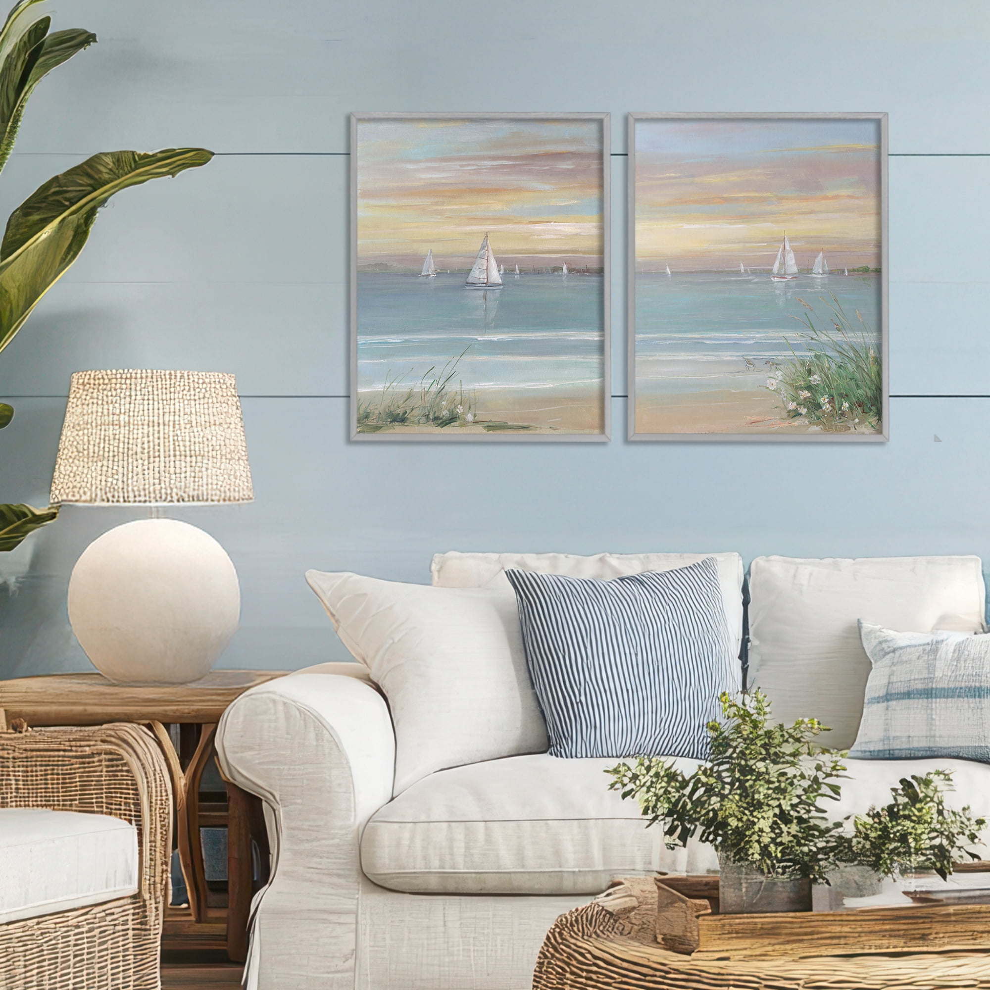 Stupell Industries Summer Shore Panorama 2 Piece Gray Framed Giclee Art Set, design by Sally Swatland