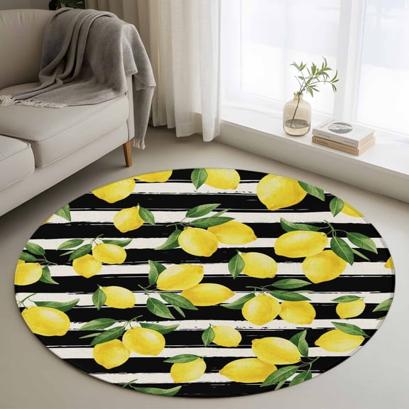 Yellow Lemons Round Area Rug 4Ft Washable Circle Rugs for Bedroom Dining Room, Summer Citrus Fruits Leaves Black Stripes Non-Slip Carpet Floor Mats Indoor Outdoor Carpet Runner Aesthetic Home Decor
