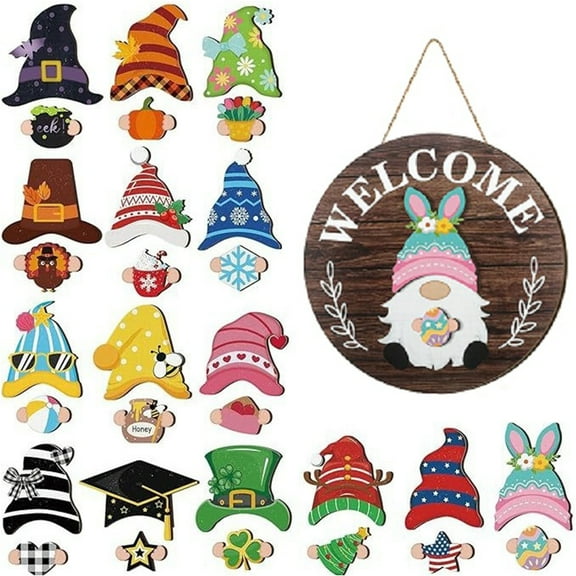 HAHUT Interchangeable Welcome Sign for Front Door, Wooden Gnome Welcome Signs Porch Decor for Christmas, Easter, Summer, Autumn, Winter Decorations