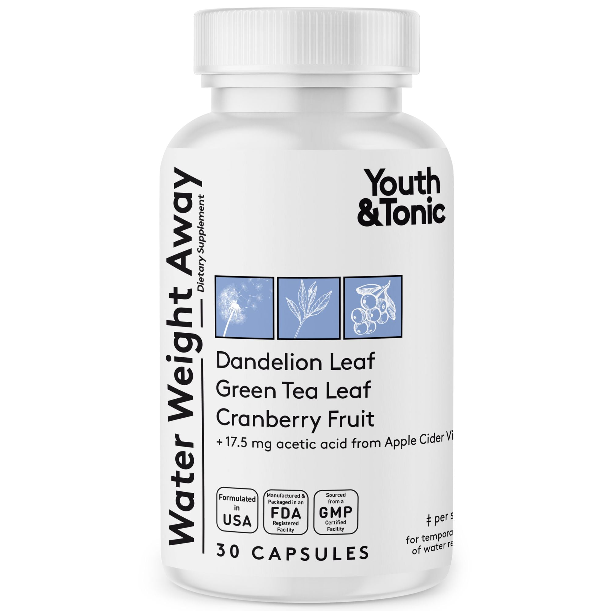 Youth & Tonic Tonic Herbal Diuretic Supplement with Dandelion Leaf for Natural Retention, Detox, and Bloating, 30 Capsules
