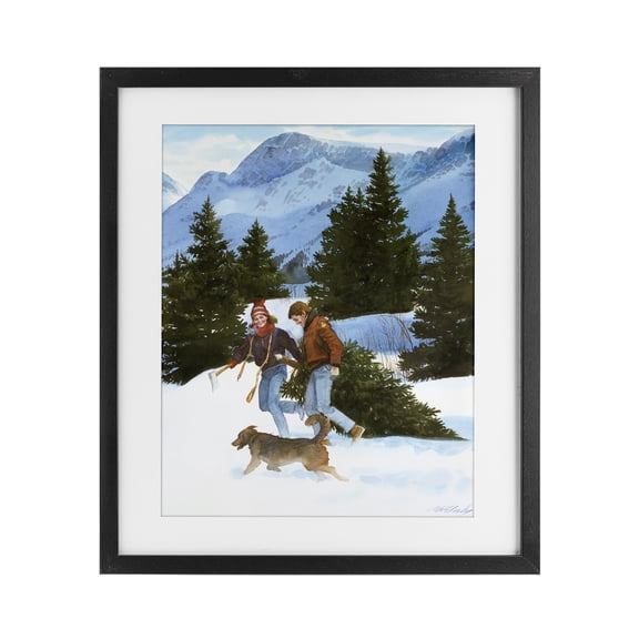 Couple Bringing Home Tree Black Framed Print Under Glass, design by Wind River Studios