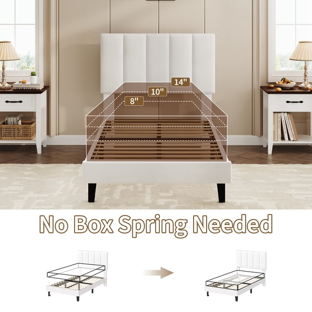 Velvet Upholstered Bed Frame with Tufted Headboard, Platform Bed with Adjustable Vertical Channel , No Box Spring Needed, Easy Assembly
