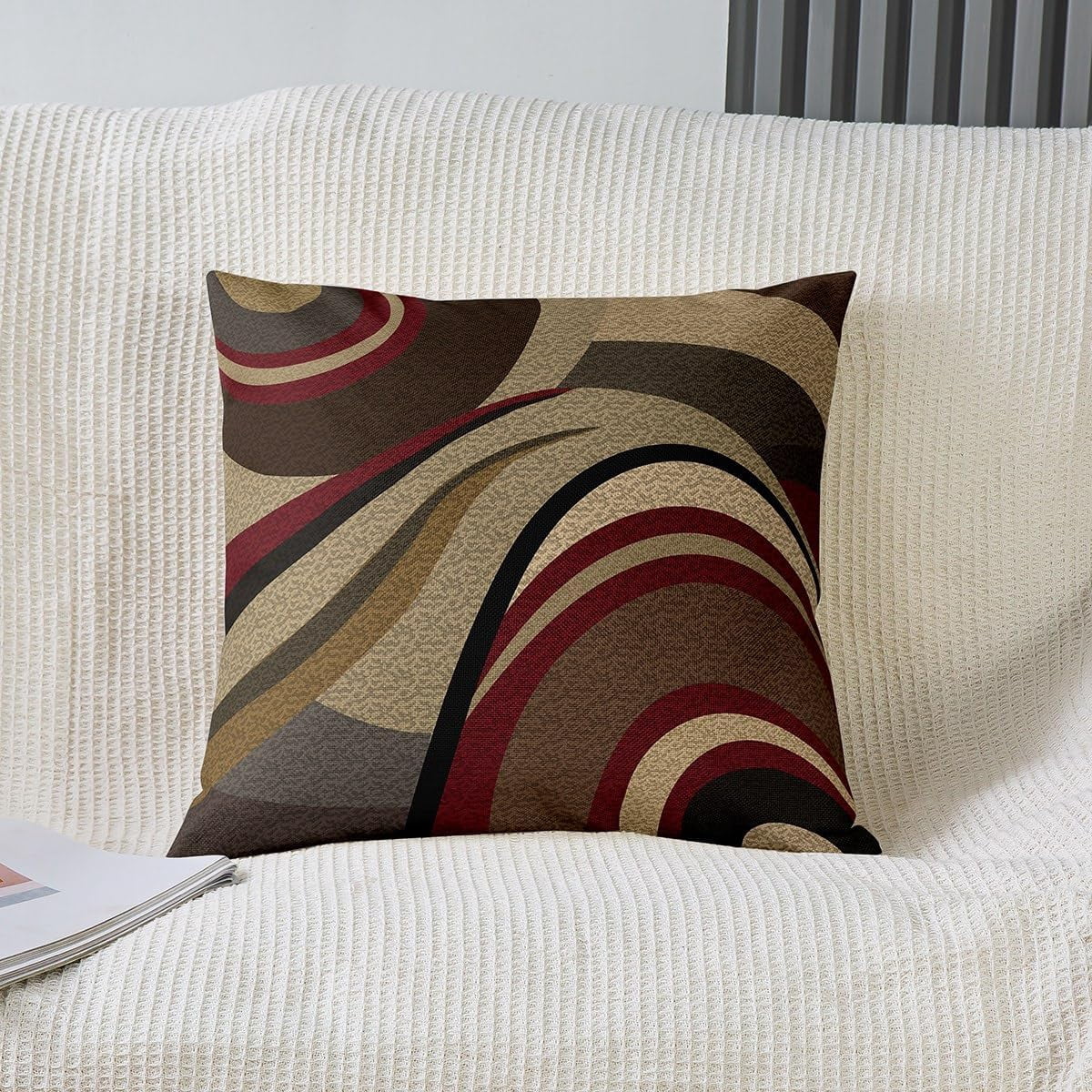 Pack of 2 Burgundy Red Outdoor Throw Pillow Covers, Geometric Square Cushion Case Set Stripe Brown Grey Decor Throw Porch Pillows Cases for Couch Sofa Living Room Modern Art Pillowcases, 20x20 Inches