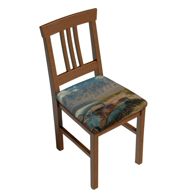 KLL Deserted Classic Car Landscape Pattern Seat Covers for Dining Room Chairs,Washable Chair Seat Chair Covers Seat Protector-Two Pieces
