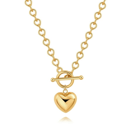 CANEVINKA Dainty 18K Gold Plated Plain Heart Pendant Necklace Chunky Link Chain for Women Toggle Clasp Necklace Layered Jewelry