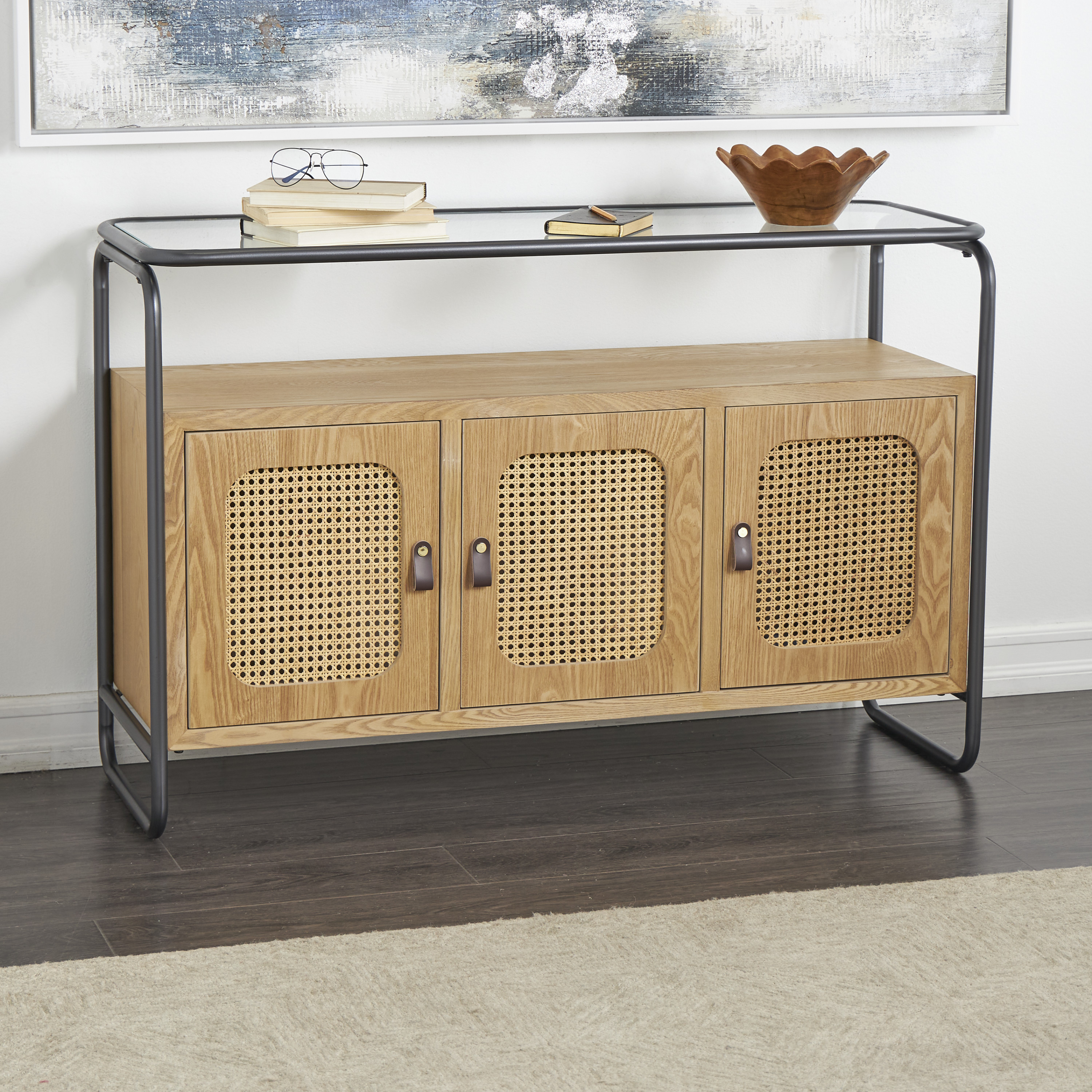 DecMode 48" x 32" Brown Wooden 3 Door Console Table with Cane Front Doors and Gray Metal Frame, 1-Piece