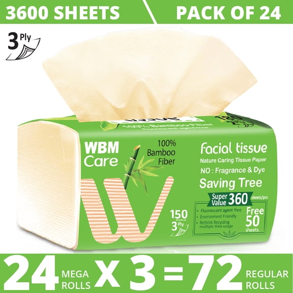 WBM Care Ultra Soft Bamboo Facial Tissues, 24 Mega Boxes, 150 Tissues per Box (3600 Tissues Total)