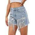 thumbnail image 2 of Blue Shorts for Women 2025 New Jean Shorts Womens High Waisted Ripped Pearl Beaded Fringe Comfort Tassel Denim Shorts, 2 of 6