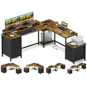 GIKPAL L Shaped Desk, 66'' Computer Desk with Power Outlet, Home Office Desk with 5 Drawers, Coner Gaming Desk,Rustic Brown