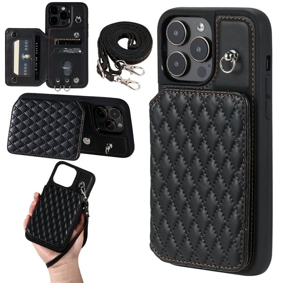 Case for iPhone 14 Pro Max 6.7", Detachable Crossbody Strap Wallet Case with Card Slots, Stand Ring Flip PU Leather Protective Cover Lanyard for Women for iPhone 14 Pro Max, Black