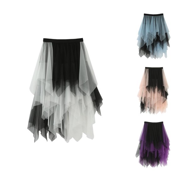 ZHOGXU Women's Skirt Summer Elastic Waist Color Block Irregular Hem A Line Comfortable Fashion Mesh Tutu Skirts For Party Performance,White,One Size
