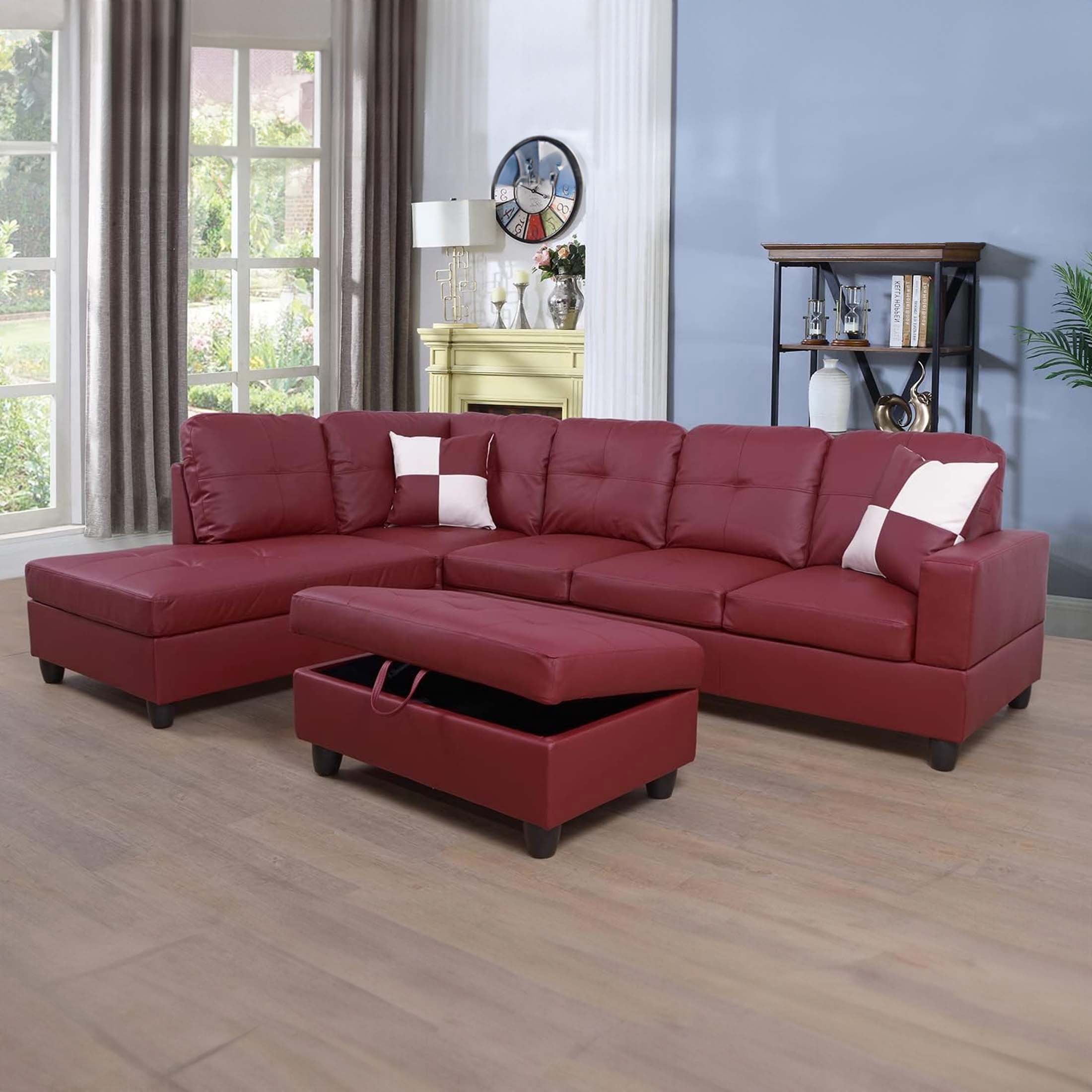 Momspeace Living Room Sectional Couch with Storage Ottoman, Modern PU Leather L-Shaped Sofa Couch Set - Red