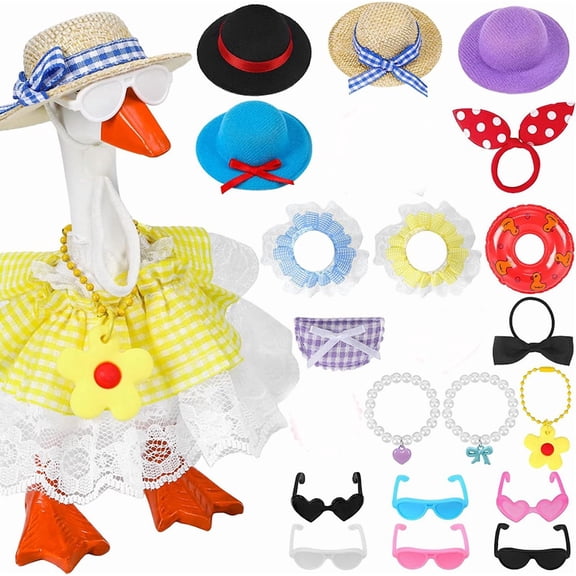 6 Sets Mini Desk Goose Outfits for 7 Inches Figurine, Felt Hats, Necklace Dresses and Sunglasses, Magnetic Porch Geese Key Holder Decor Gifts