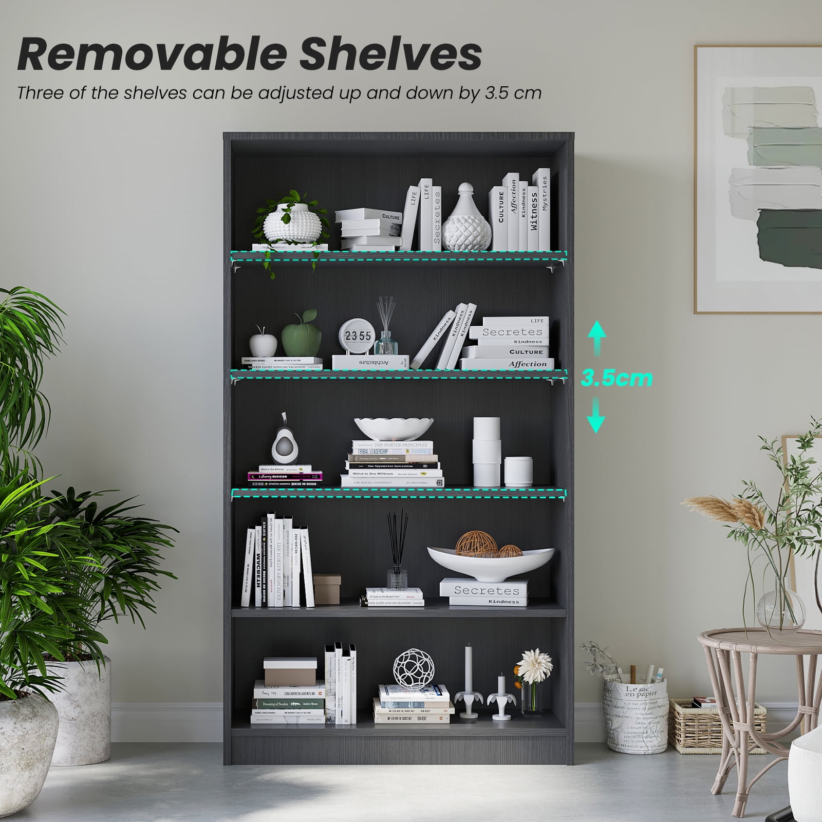 STARY 5 Tiers Bookcase, Wooden Bookcase with Adjustable Shelves for Home, Office, Grey