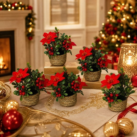 ShaoXinWan Christmas Decorations Indoor Outdoor, Artificial Poinsettia Potted Flower Set, Faux Floral Arrangement with Basket for Table Mantel Entry