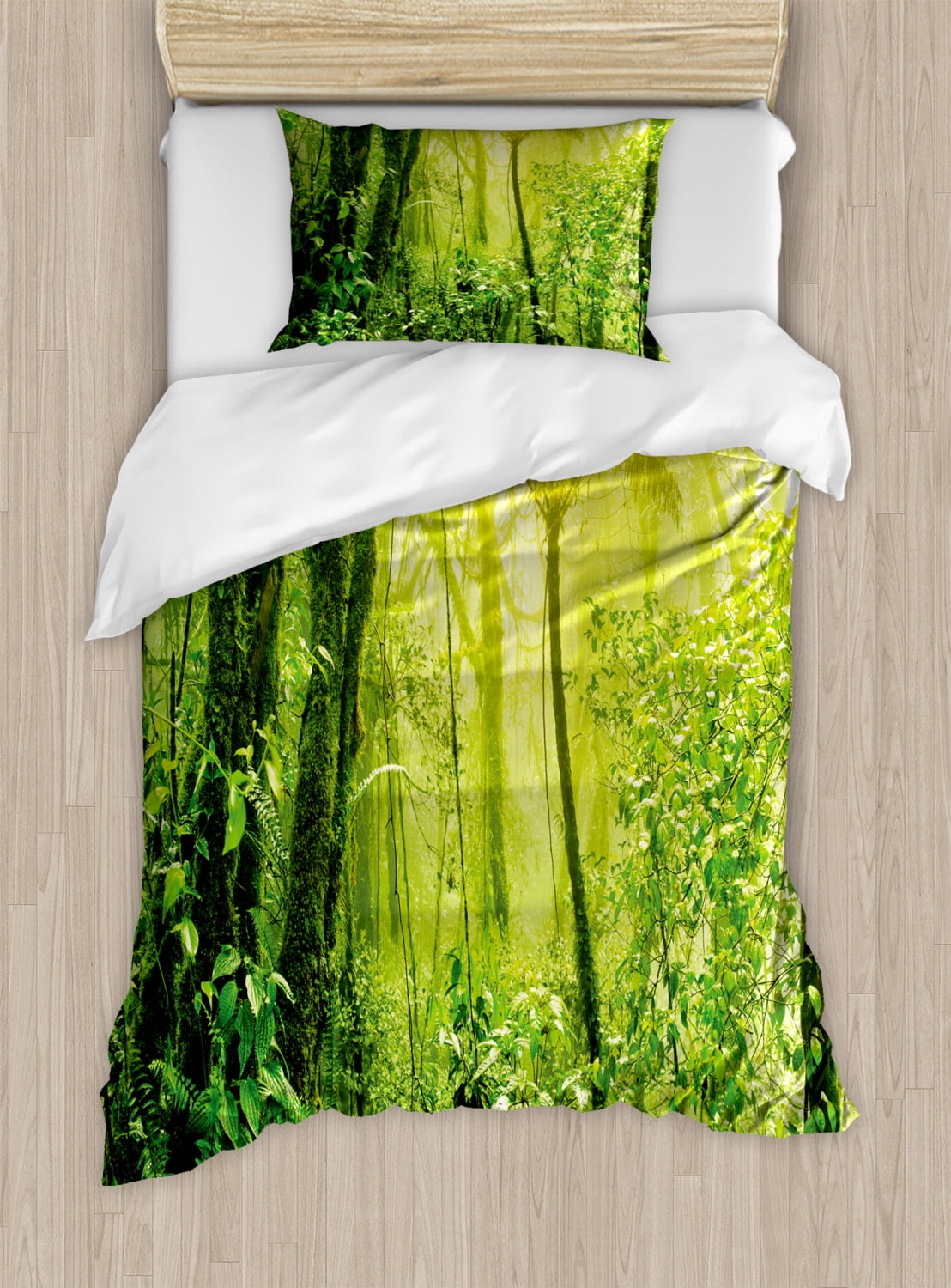 Green Duvet Cover Set, Tropical Amazon Wildlife Nature Forest with