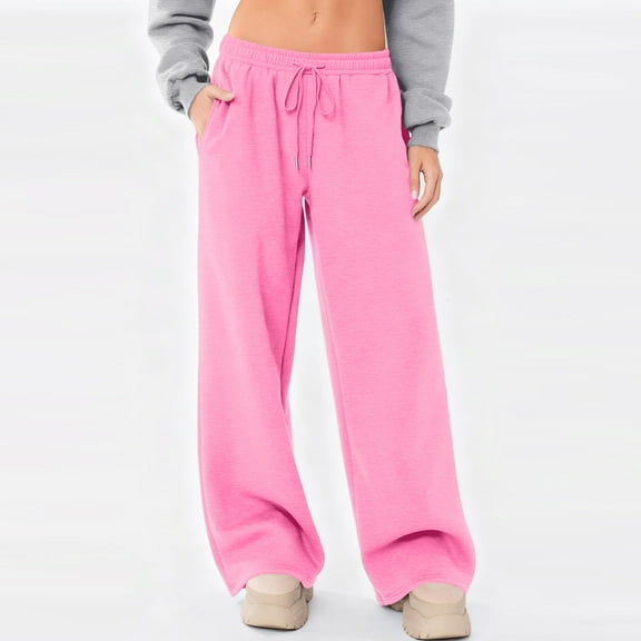 Wide Leg Sweatpants Women Baggy Comfy Fleece Low Rise Sweatpants Soft Drawstring Yoga Pants with Pockets Cute Joggers Pink 2XL