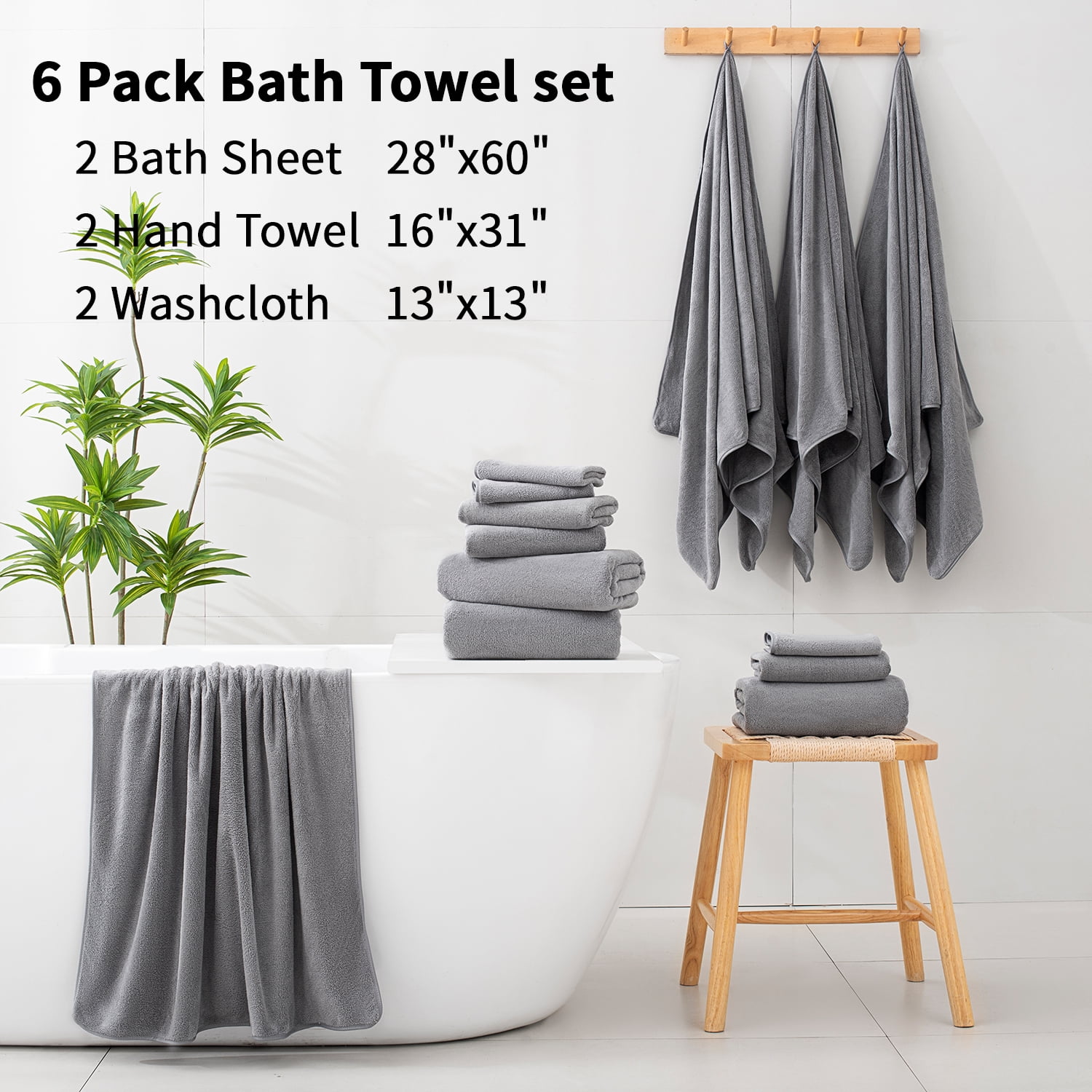 Beartech 6 Pack Bath Towel Set,Microfiber Towel Set,2 Bath Sheet,2 Hand Towel,2 Washcloth,Ultra Soft & Quickly Dry Bathroom Towel Set,Plush Highly Absorbent Shower Towel For Hotel Spa-Dark Gray