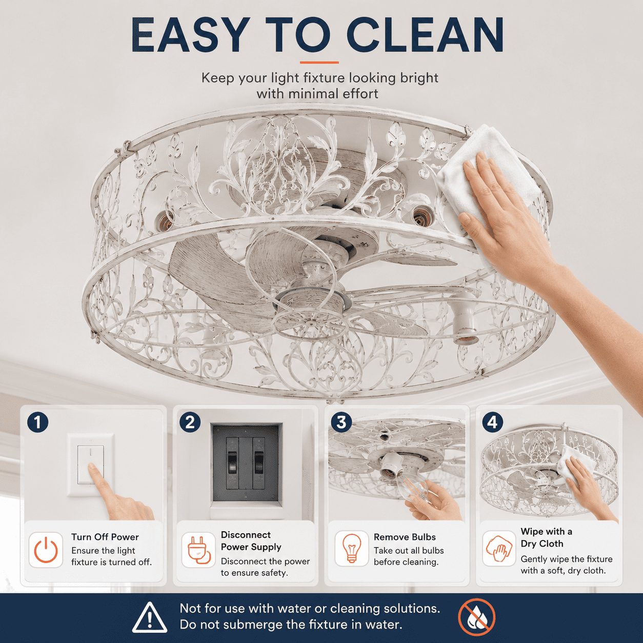 Garwarm 20in. Distressed White Caged Farmhouse Ceiling Fan with Lights and Remote, 6-Speed Reversible Low Profile Flush Mount Ceiling Fan, Industrial Enclosed for Bedroom, Kitchen