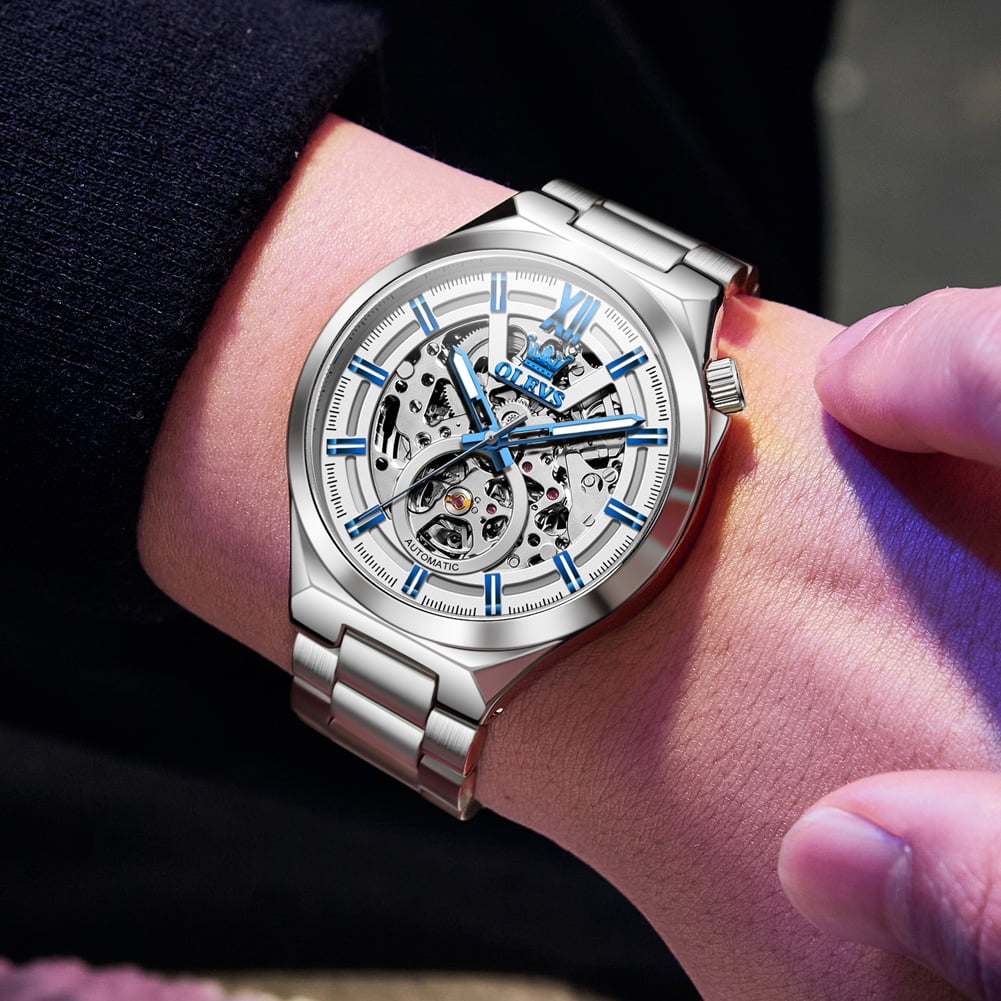 OLEVS Skeleton Watches for Men Luxury Dress Automatic Self Winding Mechanical Gold Plated Stainless Steel Waterproof Luminous Business Men Wrist Watch Reloj Para Hombre