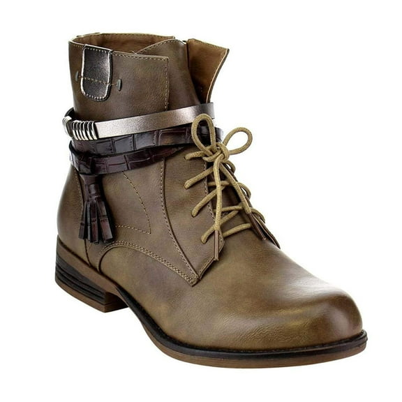 Strappy Tassel Lace up Side Zip Low Stacked Ankle Bootie Vegan Leather Women's - 11 / Black