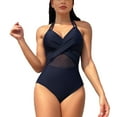 thumbnail image 2 of Idoravan One Piece Bathing Suits for Women, Women's 2024 Spring Fashion Solid Color Mesh Bikini Swimsuit Navy M, 2 of 5