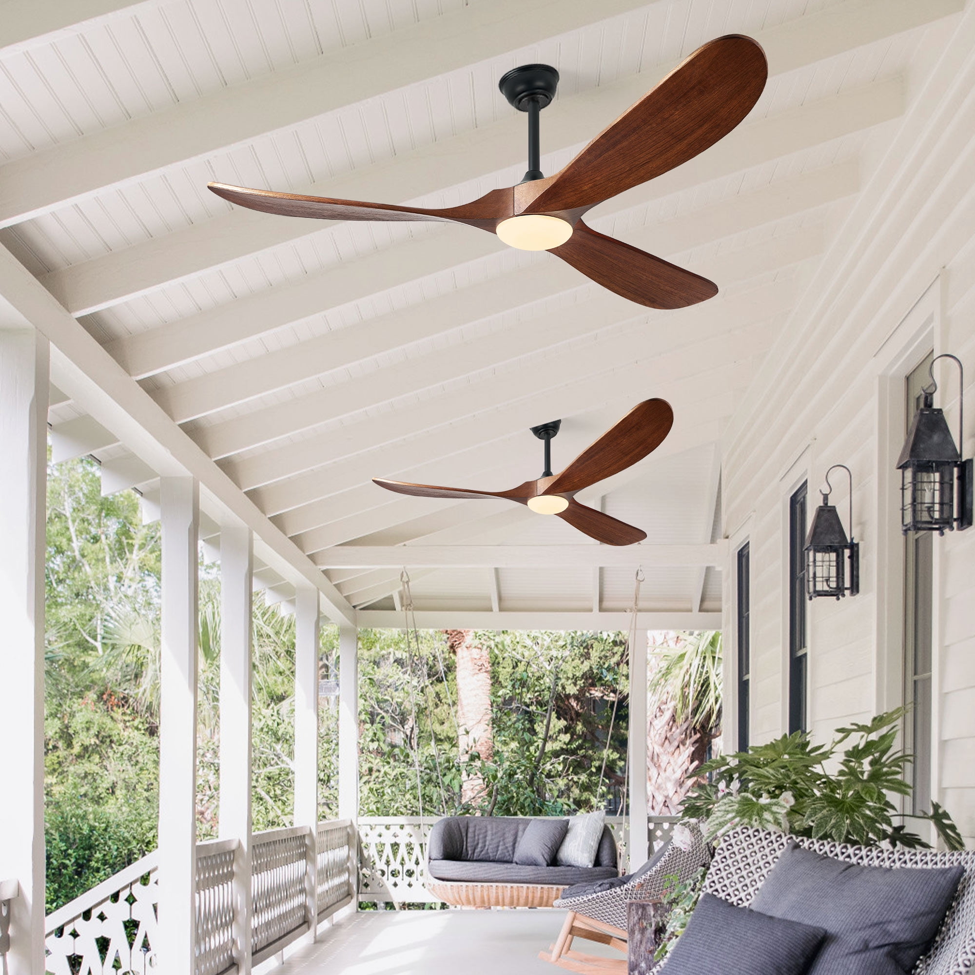 60'' 3-Blade Ceiling Fan – Light & Remote, High CFM Quiet DC Motor, Solid Wood Walnut Propeller Ceiling Fans, Indoor/Outdoor/Patio (Coastal/Farmhouse)