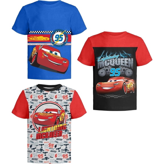 Disney Pixar Cars Lightning McQueen Graphic T-Shirts for Toddlers and Kids, Blue/Red/Gray, 3 Pack