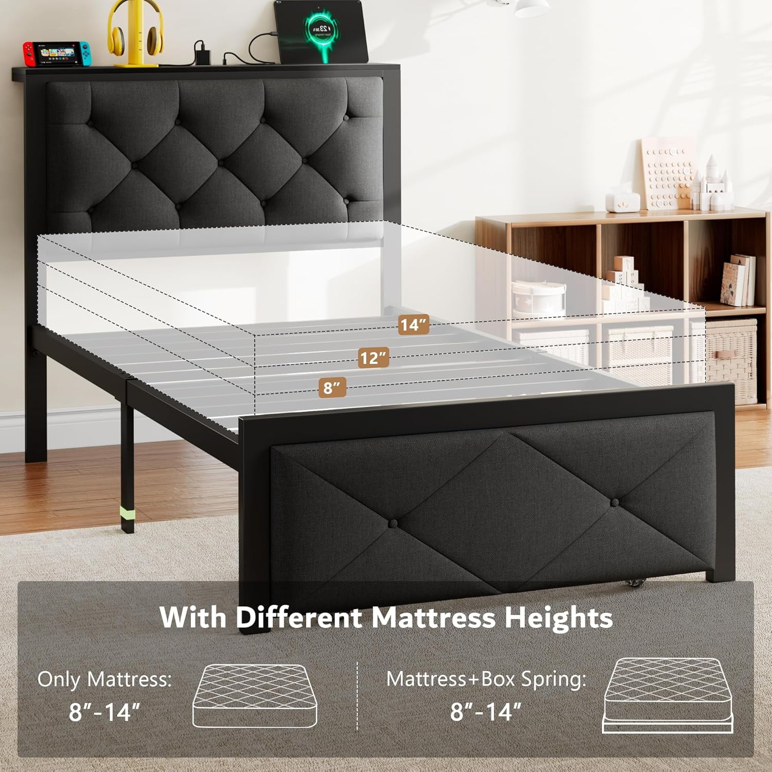 iPormis Twin Bed Frame with Storage Drawers, Linen Upholstered Headboard Platform Bed with Charging Station, No Box Spring Needed, Metal Slats Support, Noise-Free, Easy Assembly,Black