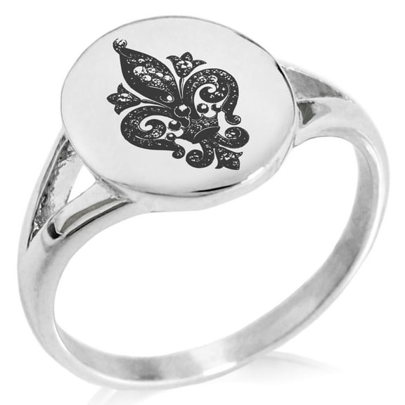 Stainless Steel Crown Fleur De Lis Minimalist Oval Top Polished Statement Signet Ring