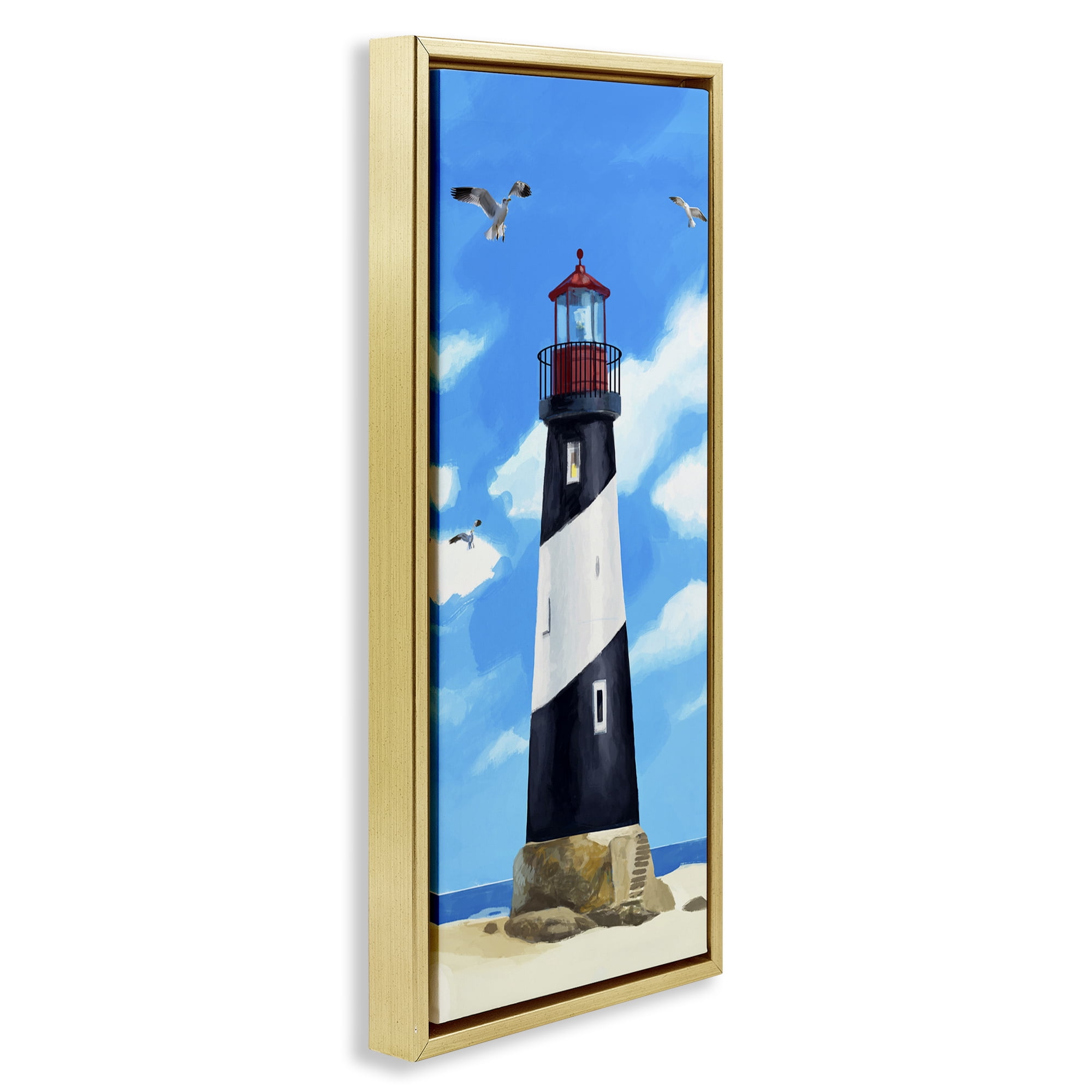 Stupell Industries Lighthouse on Beach Coastal Painting Gold Floater Framed Canvas Art Print Wall Art, 15 x 31