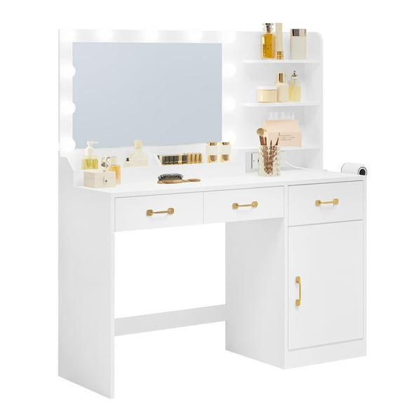 Vanity Desk with Mirror, LED Lights and Power Outlet Makeup Table with 3 Drawers and Storage Shelves Dressing Table