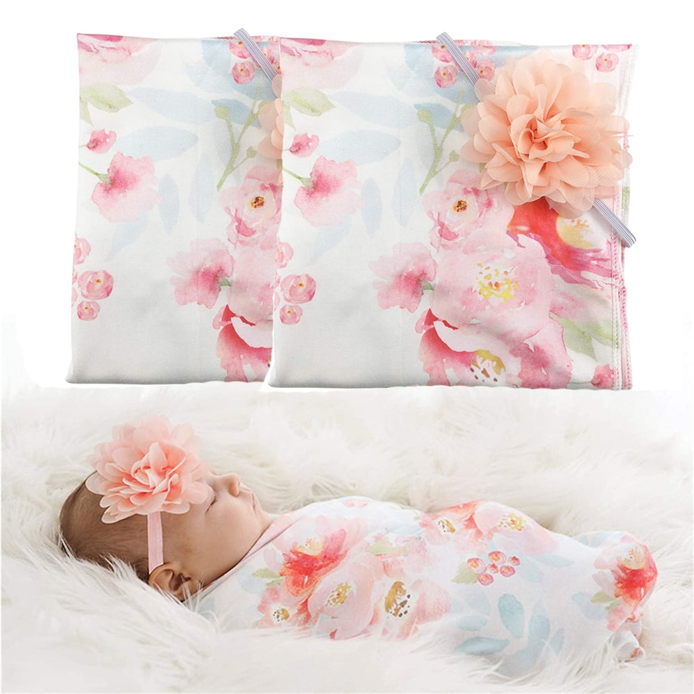 EIMELI 2PCS Baby Swaddle Blanket For Girls Newborn Receiving Blanket Infants Floral Wrap And Headbands With Pink Rose Sets