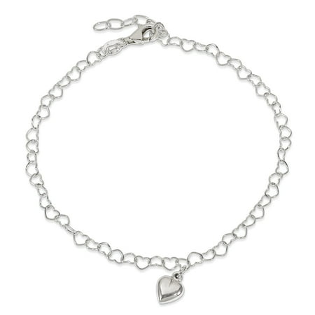 Sterling Silver 9in Polished Fancy Link Puffed Heart with 1in ext. Anklet