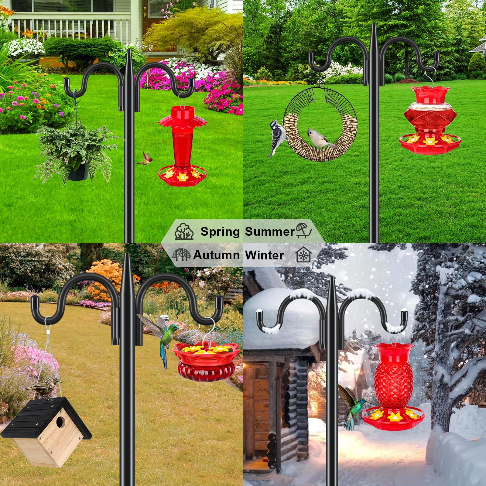 Double Shepherds Hook For Outdoor  2 Pack 63 Inch Heavy Duty Bird Feeder Pole 5/8 Thick Garden Hooks Hanging Hummingbird Plant Baskets Solar Light Lanterns