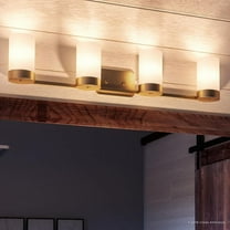 Urban Ambiance Luxury Mid-Century Modern Bath Fixture, Size: 7-1/2"H x 34-1/2"W, with Modern Style Elements, Brushed Bronze Finish and Etched White Shade, UHP2295