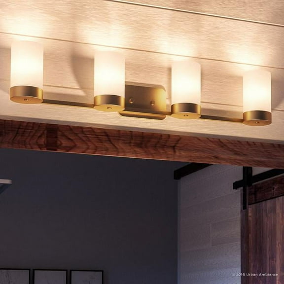 Urban Ambiance Luxury Mid-Century Modern Bath Fixture, Size: 7-1/2"H x 34-1/2"W, with Modern Style Elements, Brushed Bronze Finish and Etched White Shade, UHP2295