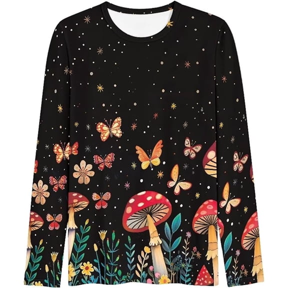 Bainana Fashion T Shirts For Women Butterfly Print Long Sleeve Crew Neck Tops Breathable Comfortable Ladies Spring Tees Black Size L