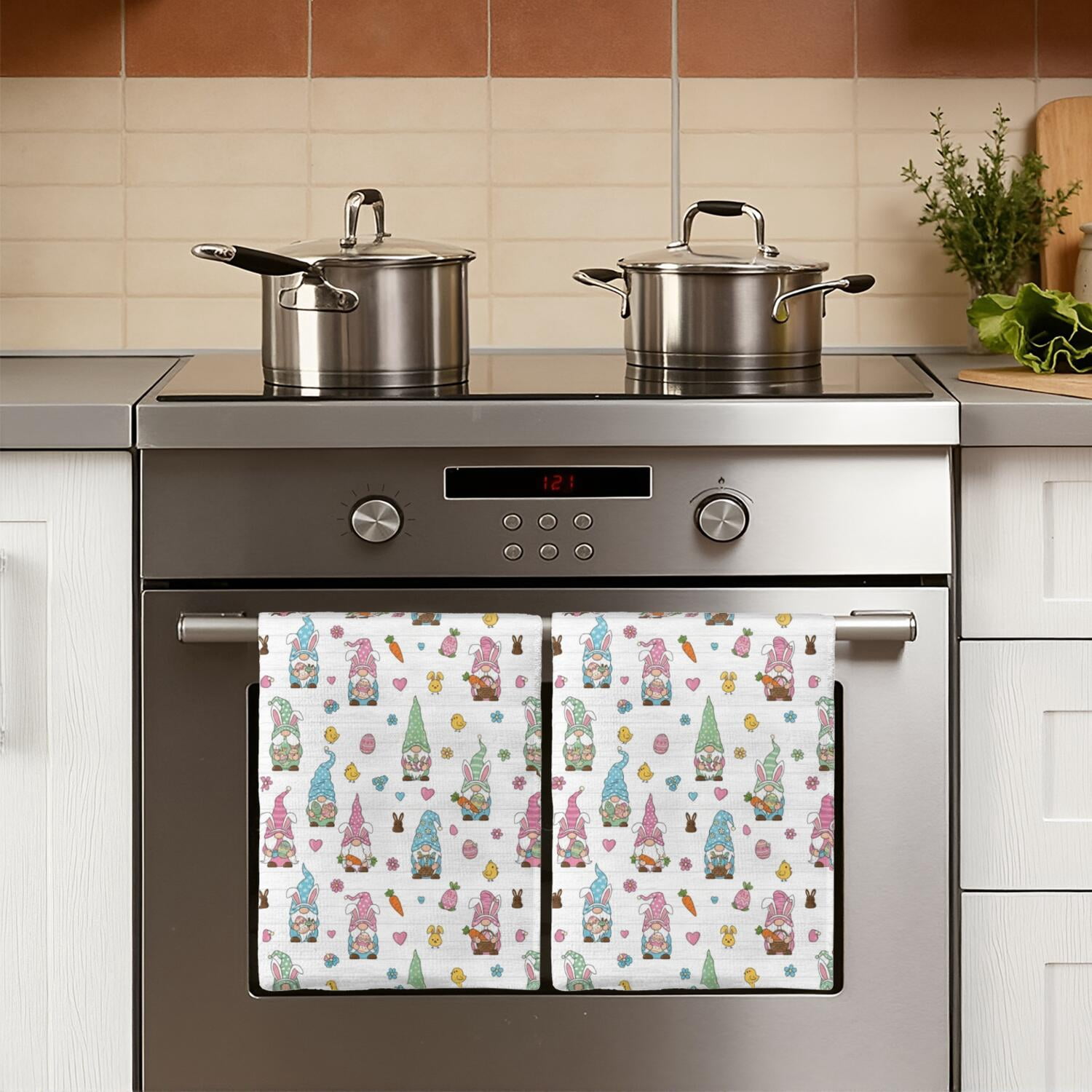 2 Pcs Funny Kitchen Towels, Easter and Gnomes White Pattern Microfiber Dish Towels 18"x26", Decorative Tea Towel Set