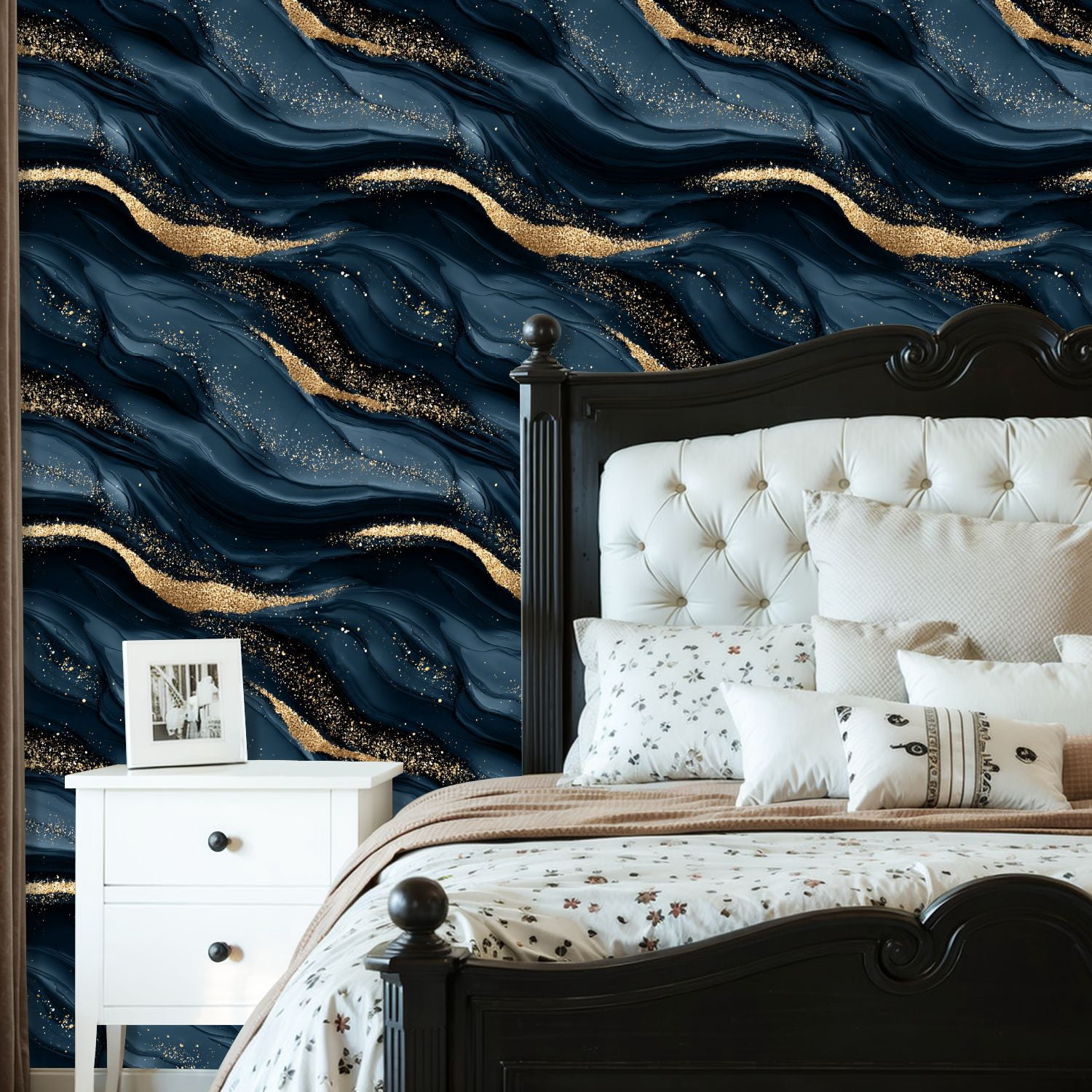 Peel and Stick Wallpaper Abstract Dark Blue Gold Marble Sparkles Wall Mural 23.6in x 9.8ft Self Adhesive Removable Wall Paper Renter Friendly Wallpaper for Nursery Bedroom Cabinets