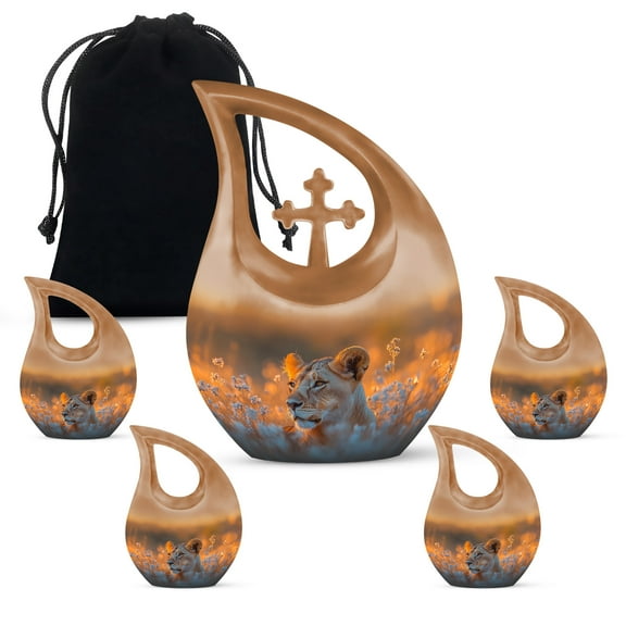 MUKTIVE Lion Memorial Urn for Human Ashes Mom & Dad, Combo Sets Burial Urns for Men & Women, Urns for Funeral, Cremation Urn for Husband & Wife, (1 Large 10 ", 4 Keepsake 3 ")