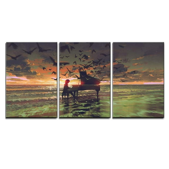 wall26 - 3 Piece Canvas Wall Art - Illustration - Digital Art of The Man Playing Piano Among Crowd of Birds on The Beach - Modern Home Art Stretched and Framed Ready to Hang - 24"x36"x3 Pan